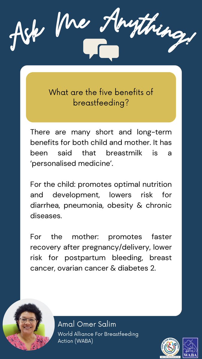 WABAsecretariat's tweet photo. What are the five benefits of breastfeeding?

Q&amp;A Cards – answers provided by our #WBW2022 #AMA experts relating to questions raised by the celebrants. https://t.co/90fA77Z9Mj 
#stepupforbreastfeeding #educateandsupport #breastfeeding #WarmChain https://t.co/kZ2iJJWfBs