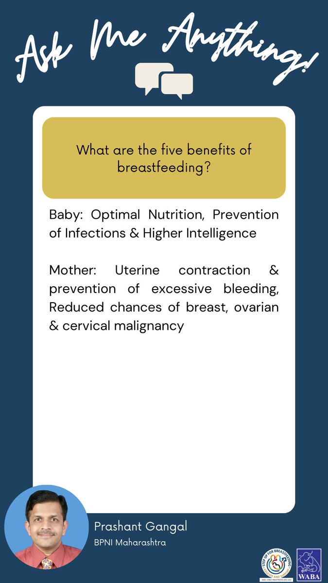 WABAsecretariat's tweet photo. What are the five benefits of breastfeeding?

Q&amp;A Cards – answers provided by our #WBW2022 #AMA experts relating to questions raised by the celebrants. https://t.co/90fA77Z9Mj 
#stepupforbreastfeeding #educateandsupport #breastfeeding #WarmChain https://t.co/kZ2iJJWfBs
