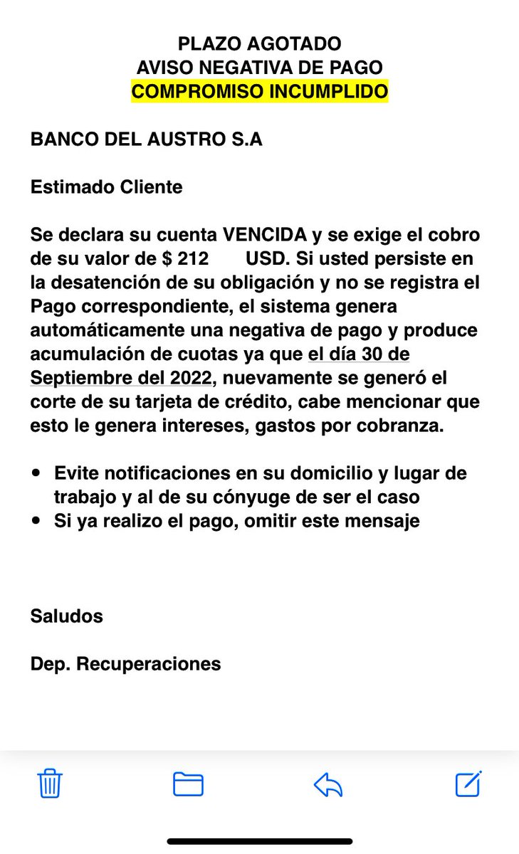 Señores <a href="/BancodelAustro/">Banco del Austro</a> ahora amenazan por correos? Por un pago vencido, esto e ilegal aparte que en el día llaman más 10 veces desde las 07:00 am hasta las 20:00 horas, hasta cuando? <a href="/LassoGuillermo/">Guillermo Lasso</a> <a href="/DEFENSORIAEC/">Defensoría del Pueblo de Ecuador</a> <a href="/superbancosEC/">SuperDeBancosEc</a>