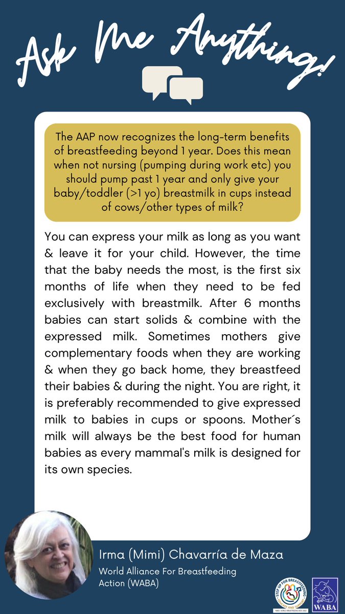 WABAsecretariat's tweet photo. Do we need to pump &amp; only give my baby (>1 yo) breastmilk in cups instead of cows/other types of milk?

Q&amp;A Cards – answers provided by our #WBW2022 #AMA experts relating to questions raised by the celebrants. https://t.co/v4yHvW7kxH 
#educateandsupport #breastfeeding #WarmChain https://t.co/pRcjLdPfhg