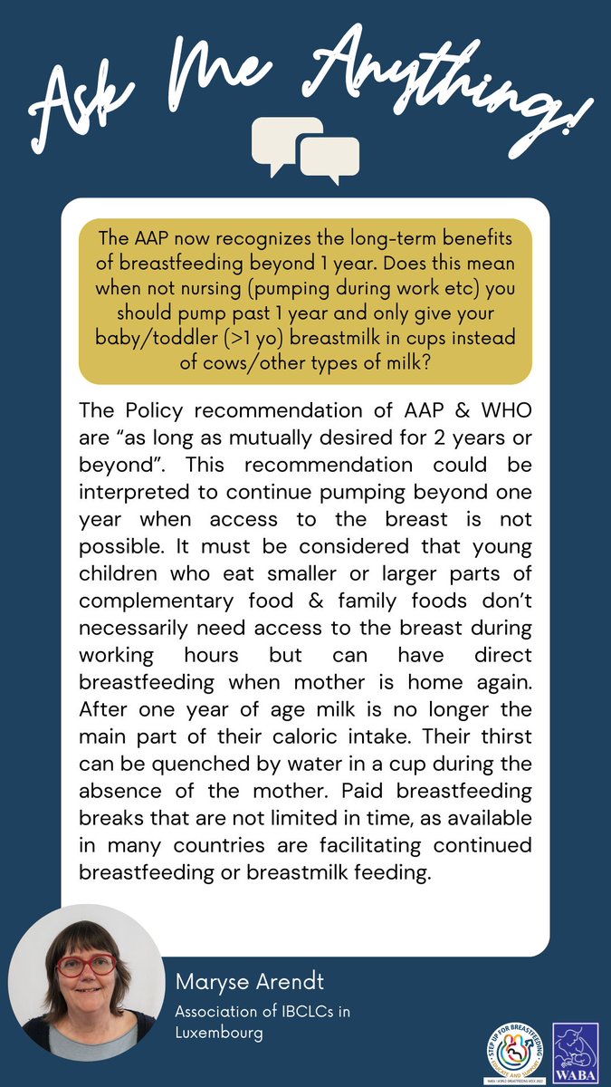WABAsecretariat's tweet photo. Do we need to pump &amp; only give my baby (>1 yo) breastmilk in cups instead of cows/other types of milk?

Q&amp;A Cards – answers provided by our #WBW2022 #AMA experts relating to questions raised by the celebrants. https://t.co/v4yHvW7kxH 
#educateandsupport #breastfeeding #WarmChain https://t.co/pRcjLdPfhg