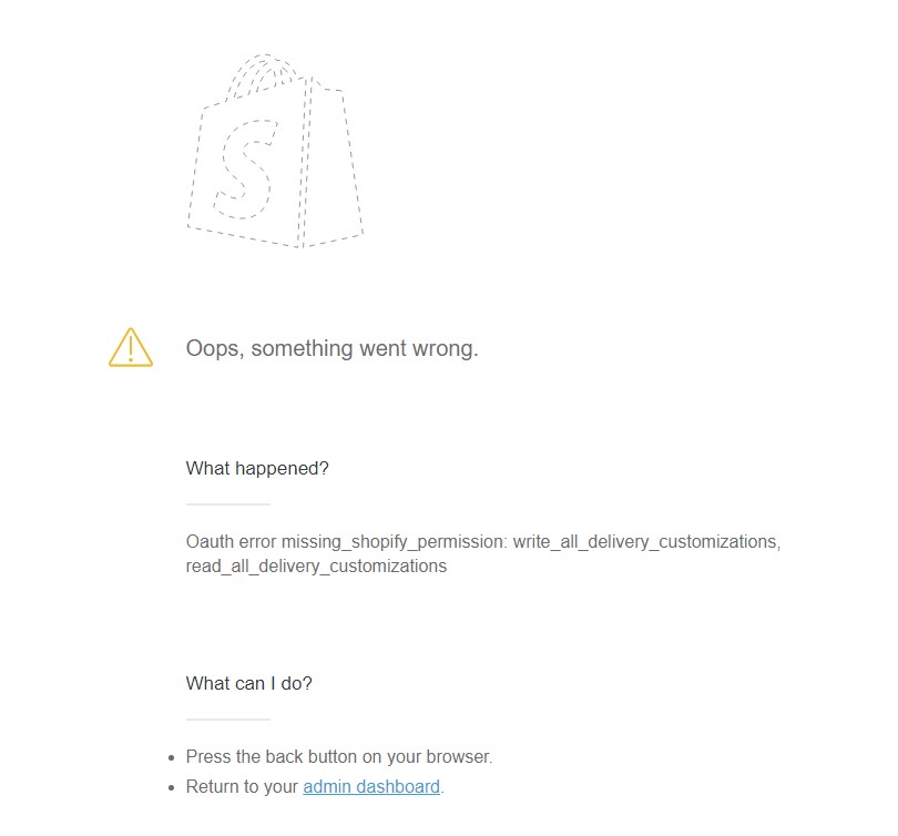 Patten_Kuo's tweet photo. #Shopify  admin 400 error:  Oauth error missing_shopify_permission: write_all_delivery_customizations, read_all_delivery_customizations
@ShopifySupport https://t.co/sbbRpxDWd8