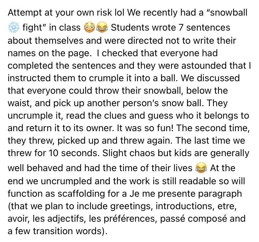 “Snowball” fight in French class as scaffolding for Je me presente final task #fslchat #frimm #tcdsb