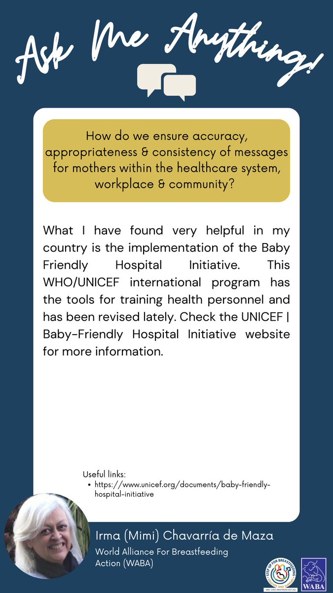 WABAsecretariat's tweet photo. How do we ensure accuracy, appropriateness &amp; consistency of messages for mothers within the healthcare system, workplace &amp; community? 

Q&amp;A Cards – answers provided by our #WBW2022 #AMA experts. (PART 2) https://t.co/F4EQMoudGn 
#educateandsupport #breastfeeding #WarmChain https://t.co/8GqLoa4xLk