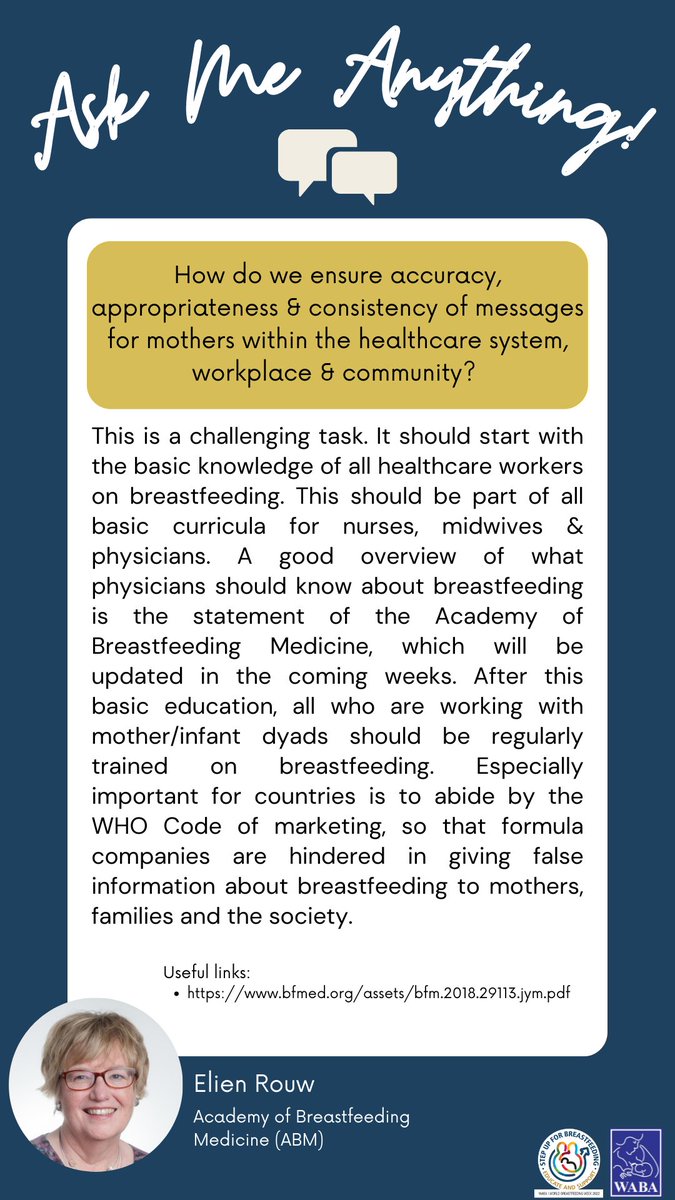 WABAsecretariat's tweet photo. How do we ensure accuracy, appropriateness &amp; consistency of messages for mothers within the healthcare system, workplace &amp; community? 

Q&amp;A Cards – answers provided by our #WBW2022 #AMA experts. (PART 2) https://t.co/F4EQMoudGn 
#educateandsupport #breastfeeding #WarmChain https://t.co/8GqLoa4xLk