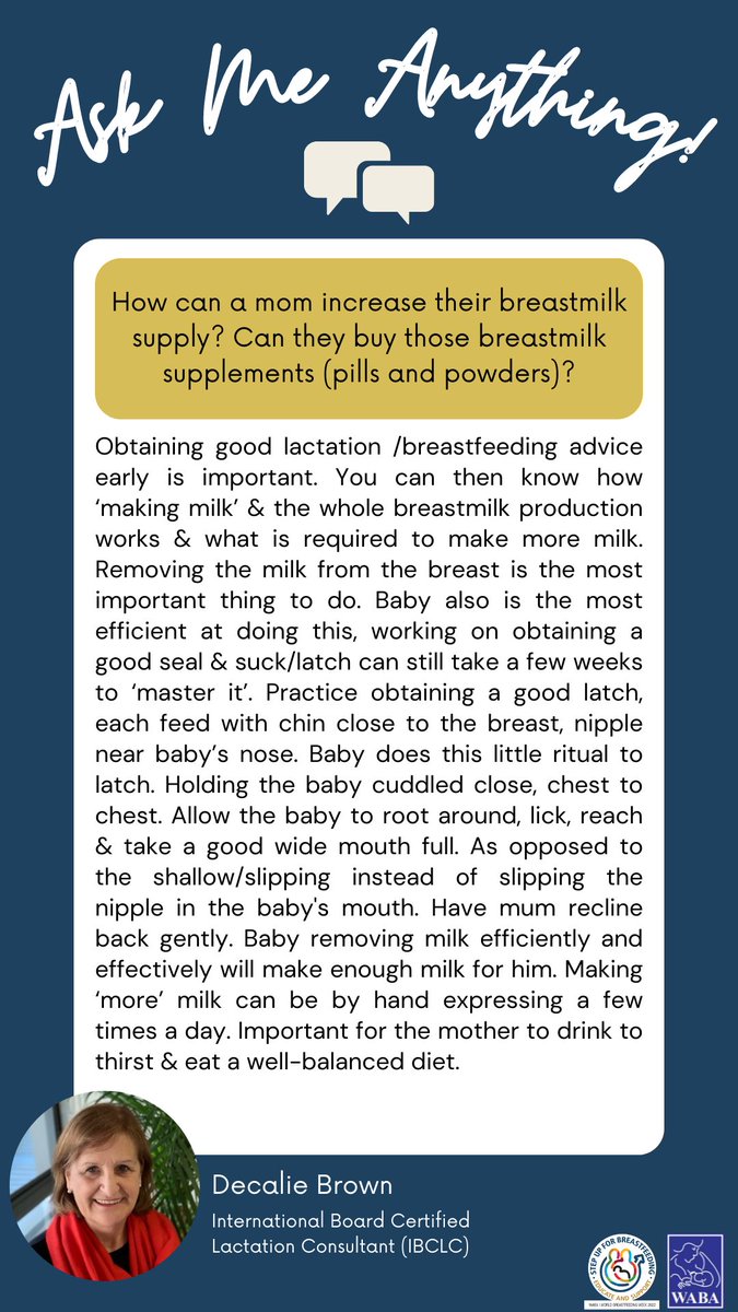 WABAsecretariat's tweet photo. How can a mom increase their breastmilk supply? Can they buy those breastmilk supplements (pills &amp; powders)?

Q&amp;A Cards – answers provided by our #WBW2022 #AMA experts. (PART 1)
https://t.co/5szocPPO01 
#stepupforbreastfeeding #educateandsupport #breastfeeding #WarmChain https://t.co/d0dpQRW6Om