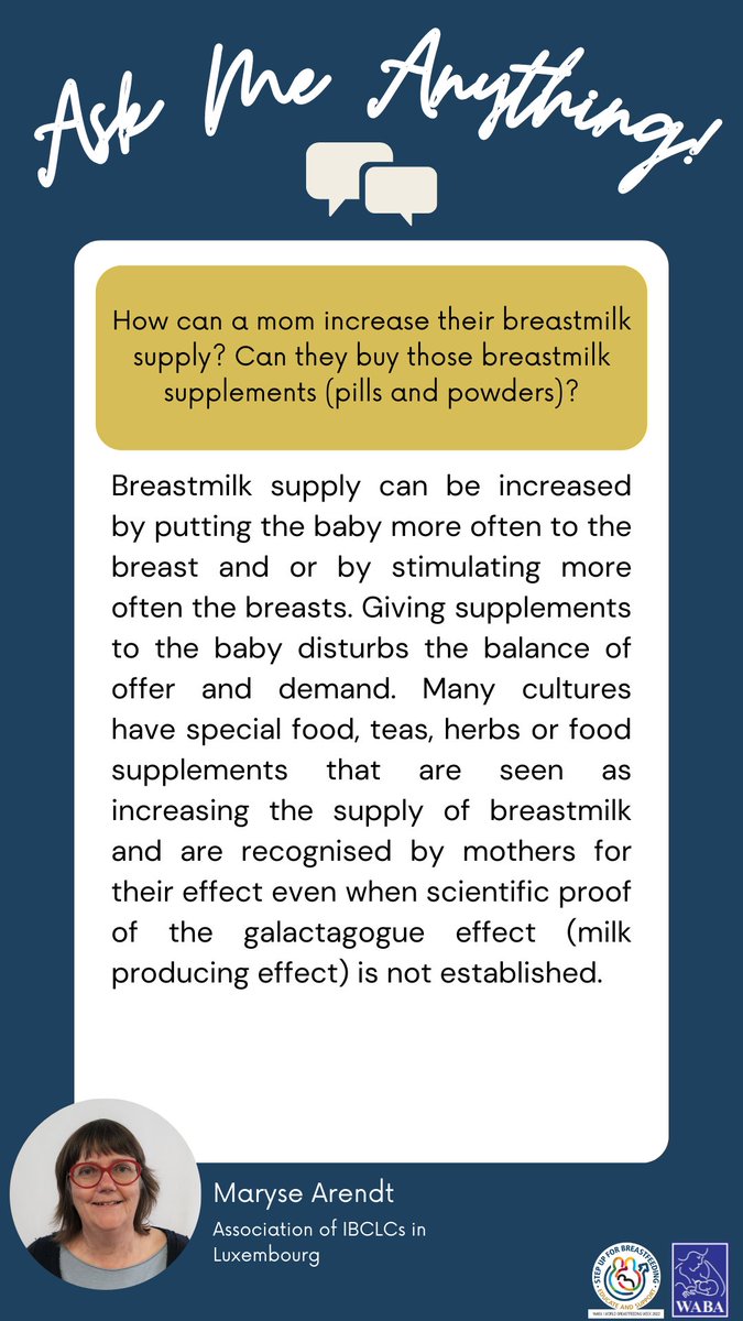 WABAsecretariat's tweet photo. How can a mom increase their breastmilk supply? Can they buy those breastmilk supplements (pills &amp; powders)?

Q&amp;A Cards – answers provided by our #WBW2022 #AMA experts. (PART 1)
https://t.co/5szocPPO01 
#stepupforbreastfeeding #educateandsupport #breastfeeding #WarmChain https://t.co/d0dpQRW6Om