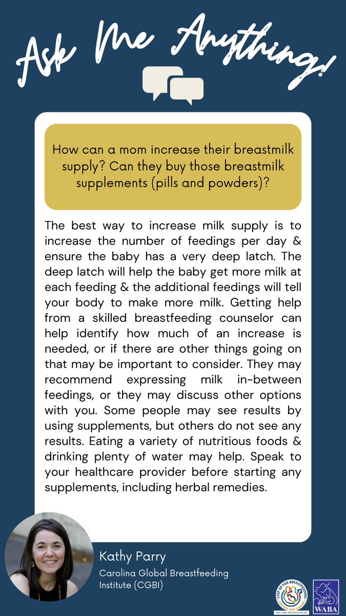 WABAsecretariat's tweet photo. How can a mom increase their breastmilk supply? Can they buy those breastmilk supplements (pills &amp; powders)?

Q&amp;A Cards – answers provided by our #WBW2022 #AMA experts. (PART 2)
https://t.co/5szocPycBr 
#stepupforbreastfeeding #educateandsupport #breastfeeding #WarmChain https://t.co/WygDp8TJ7r