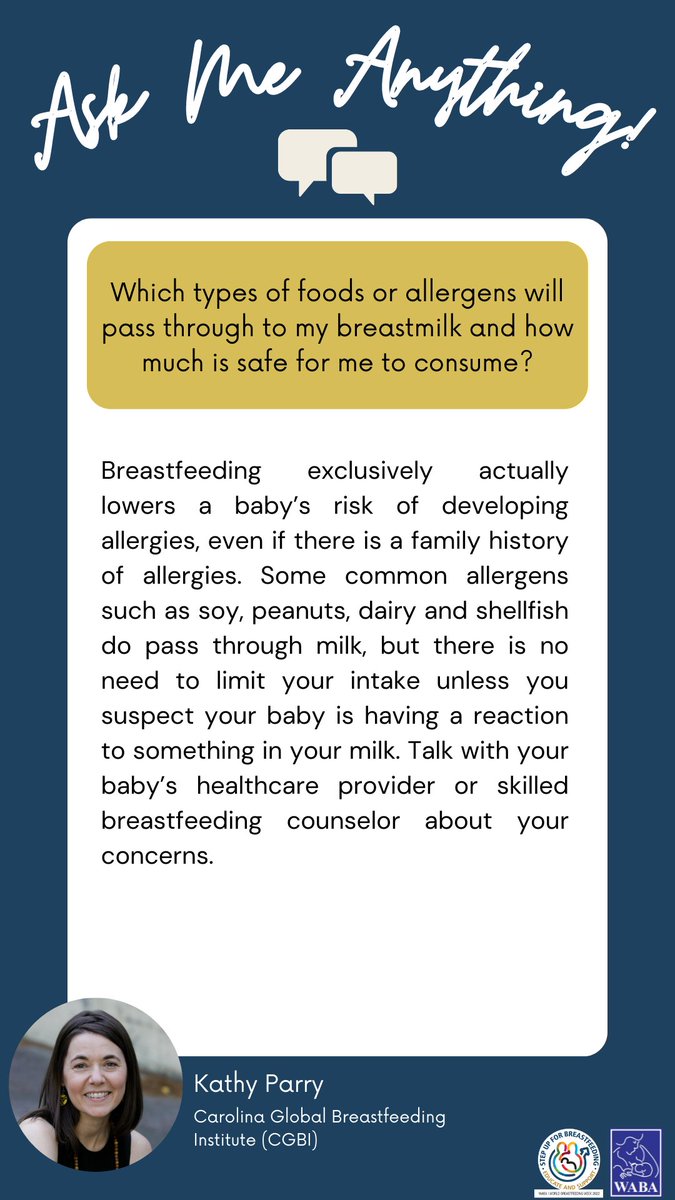 WABAsecretariat's tweet photo. Which types of foods or allergens will pass through to my breastmilk &amp; how much is safe for me to consume?

Q&amp;A Cards – answers provided by our #WBW2022 #AMA experts relating to questions raised by the celebrants. https://t.co/Q3vYUpmoiK 
#educateandsupport #breastfeeding https://t.co/FIpJyWwD1n