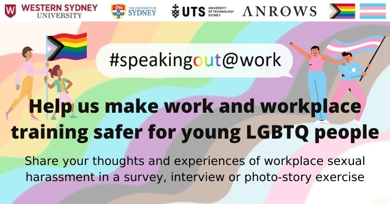 JaneUssher's tweet photo. The #SpeakingOutAtWork @ANROWS study investigates how LGBTQ young people understand/experience sexual harassment at work &amp; in workplace training. If you are LGBTQ, 14-30 years, &amp; have worked or been in workplace training in Australia, we want to hear from you! 
#LGBTQ #harassment