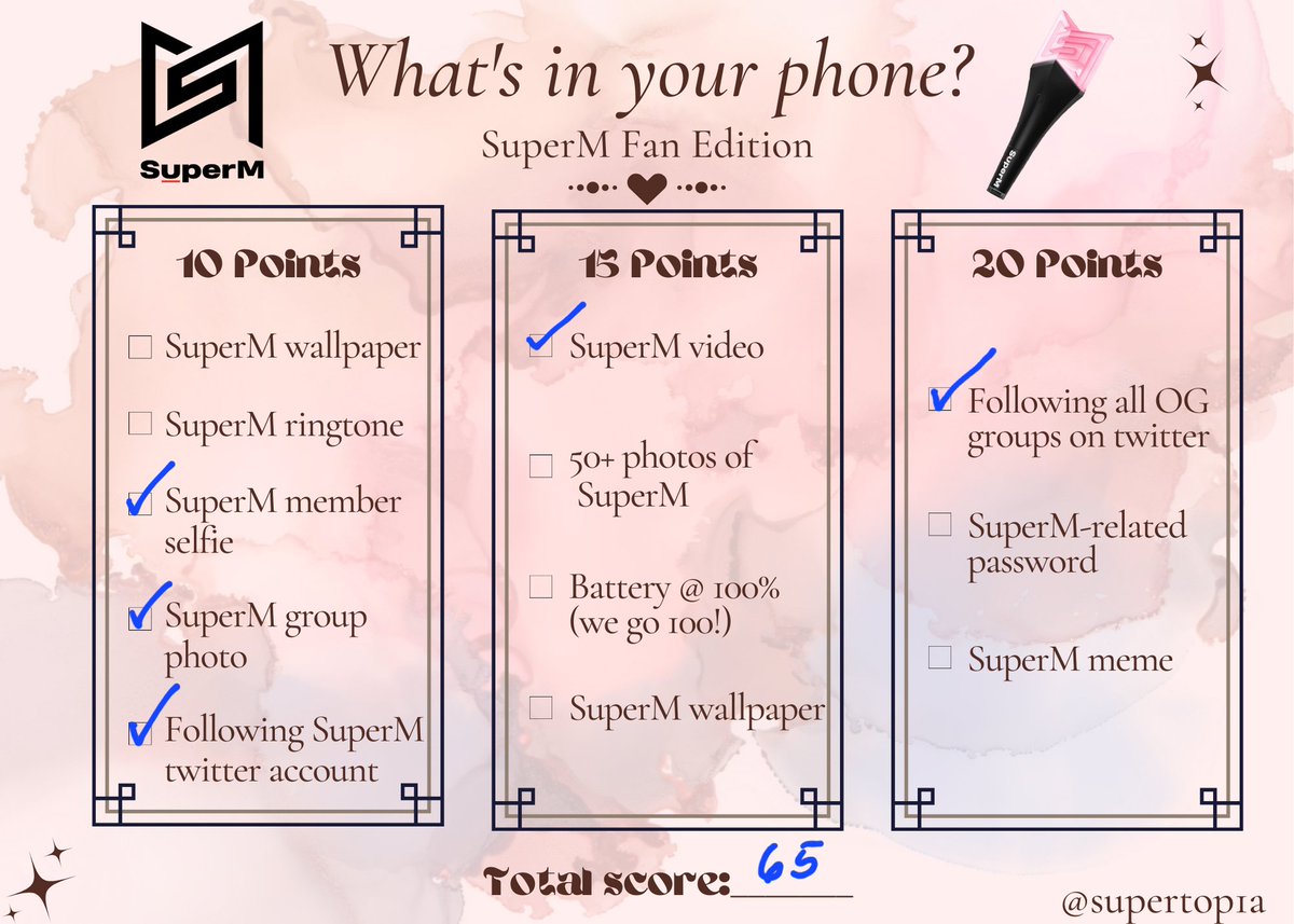 joppingsalia's tweet photo. In my old phone I swear I could've checked more boxes but I just got a new one 😭 so it's a 65 🥲
#SuperWeekForSuperM #SuperM #gametopia @superm https://t.co/vvNmElNG3z