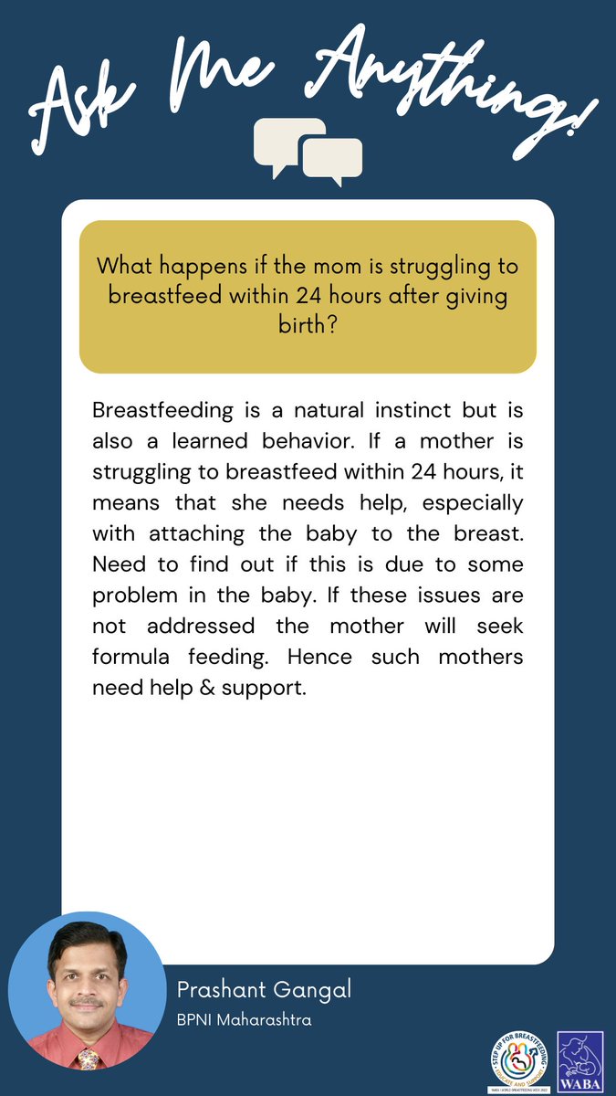 WABAsecretariat's tweet photo. What happens if the mom is struggling to breastfeed within 24 hours after giving birth?

Q&amp;A Cards – answers provided by our #WBW2022 #AMA experts.
https://t.co/Ew2MkoRsq5 
#stepupforbreastfeeding #educateandsupport #breastfeeding #WarmChain https://t.co/0qtF05TlYw