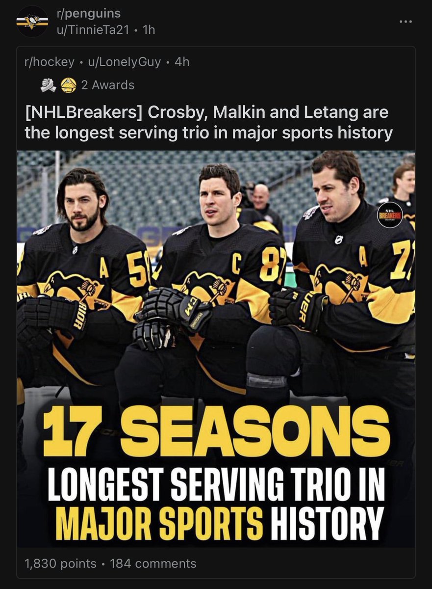 This is incredible.  

Sid, Geno and Letang are the longest serving trio in sports history.

17 consecutive seasons together.