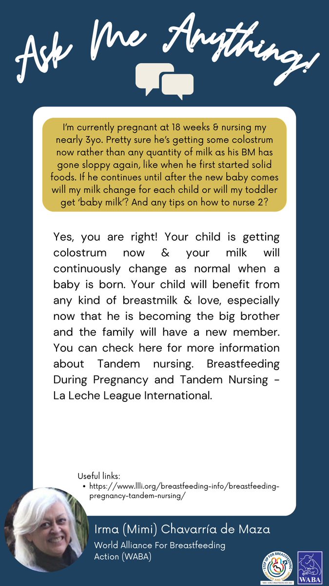 WABAsecretariat's tweet photo. I’m currently pregnant 18 weeks &amp; nursing my nearly 3yo. Any tips on how to nurse 2?

Q&amp;A Cards – answers provided by our #WBW2022 #AMA experts relating to questions raised by the celebrants. https://t.co/GBliZI0krc 
#stepupforbreastfeeding #educateandsupport #breastfeeding https://t.co/2lRhh7xjCW