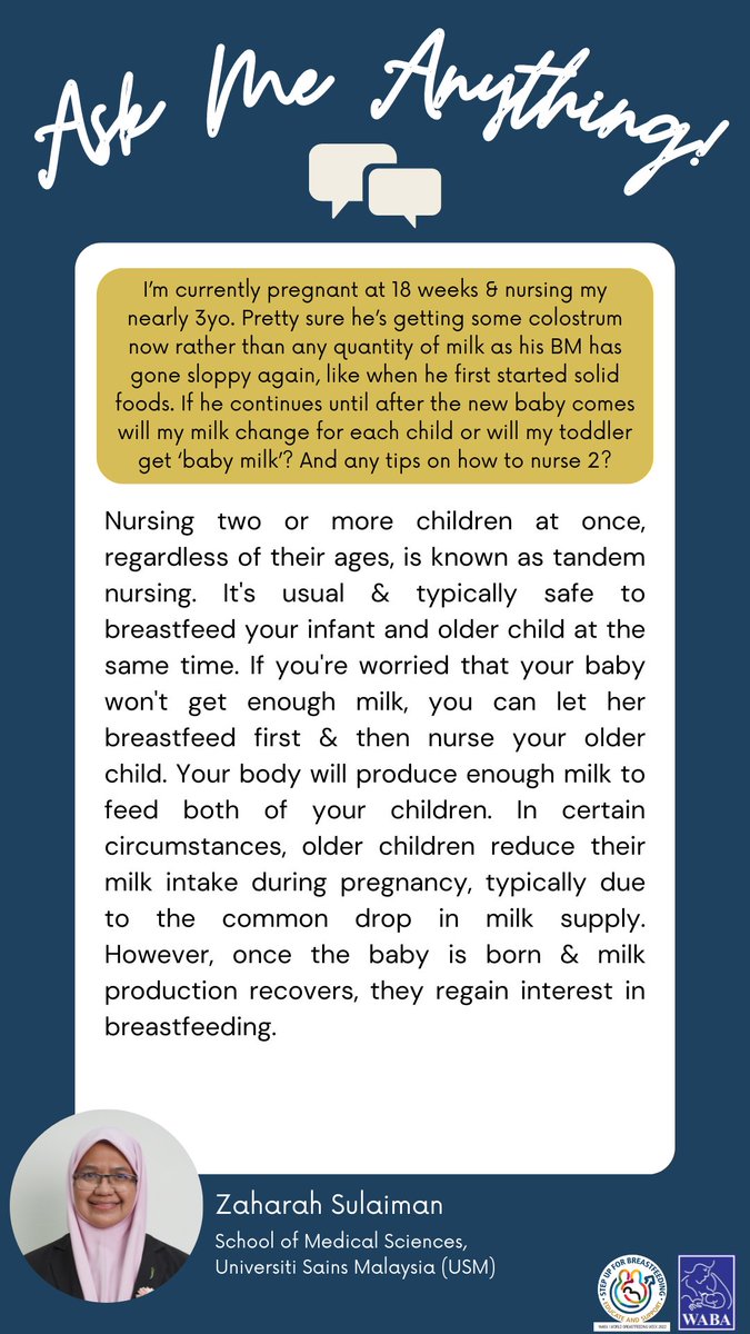 WABAsecretariat's tweet photo. I’m currently pregnant 18 weeks &amp; nursing my nearly 3yo. Any tips on how to nurse 2?

Q&amp;A Cards – answers provided by our #WBW2022 #AMA experts relating to questions raised by the celebrants. https://t.co/GBliZI0krc 
#stepupforbreastfeeding #educateandsupport #breastfeeding https://t.co/2lRhh7xjCW