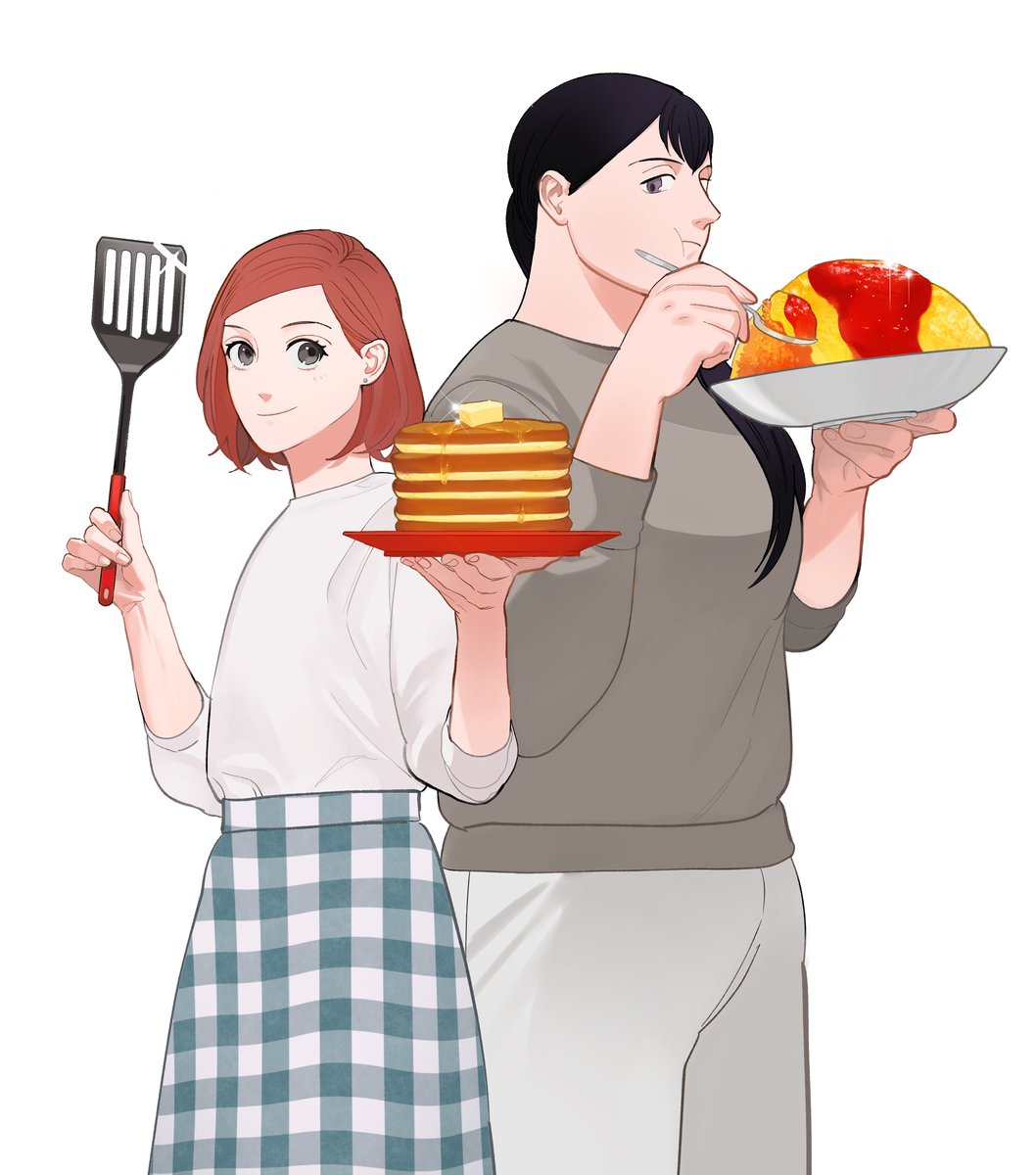 food black hair pancake multiple girls 2girls plate short hair  illustration images