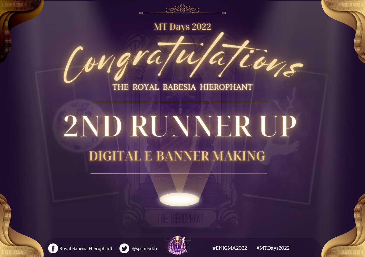 spcmlsrbh's tweet photo. 𝗢𝗧𝗛𝗘𝗥 𝗘𝗩𝗘𝗡𝗧𝗦 | Awards

• Digital E-Banner Making: 2nd Runner-up
• Theme Song Writing: 3rd Runner-up

Congratulations, 𝐇𝐢𝐞𝐫𝐨𝐩𝐡𝐚𝐧𝐭𝐬!

#ROYALSareHIERtoWIN
#ENIGMA2022
#MTDays2022 https://t.co/mjAY3lVtUb