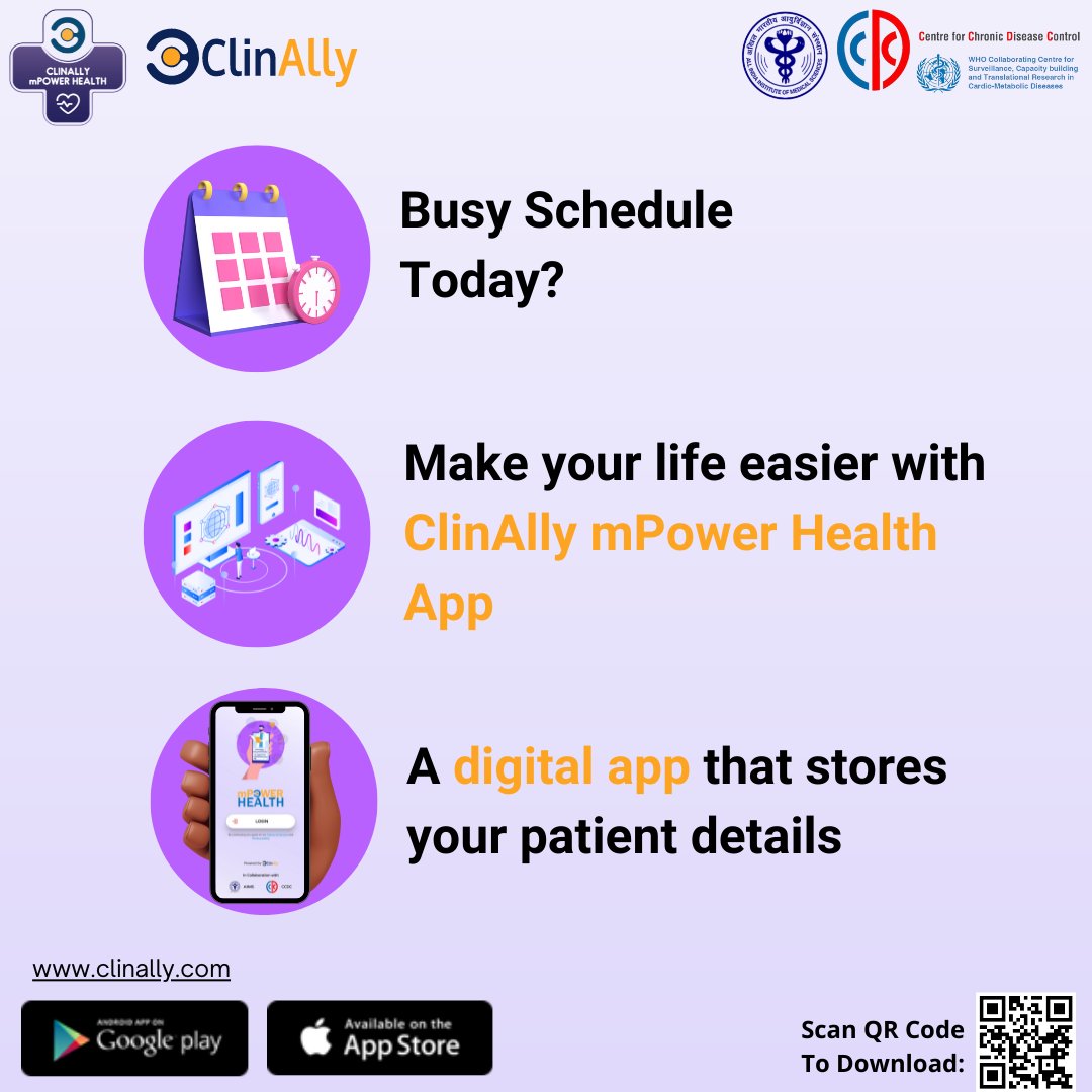 clinallyhealth's tweet photo. mPower health app helps doctors manage their time.
Download Now:
Scan the QR code.
OR
Click on the link - https://t.co/atB7NuY2YI
#downloadtheapp #healthcareapp #mobileapp #doctors #health #patientcare #aiims #ccdc #cdss #app #free #decisionmaking #clinical #hospital #clinally https://t.co/2HGgzmtybI