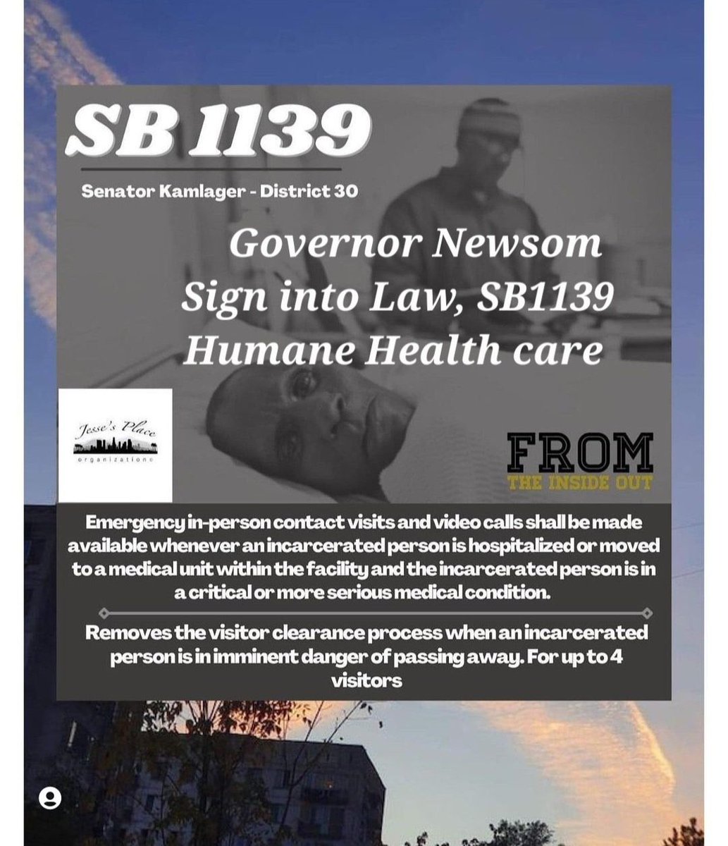 jessesplaceorg's tweet photo. We need SB1139 Humane Healthcare bill signed to keep families informed of Medical Emergencies for CA prisoners 💙

@CAgovernor @GavinNewsom asking for #SB1139 signature 🏥✍🏻 https://t.co/ezECmkZcjm