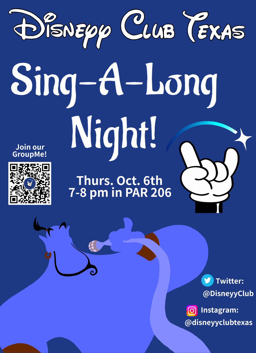 DisneyyClub's tweet photo. Hey, Longhorns!! We hope you’re having a magical week!! We are here to announce that our next meeting will be next week, Thursday Oct. 6th! Warm up your vocal chords and get ready for Sing-A-Long Night!! https://t.co/IzTKExLLpO