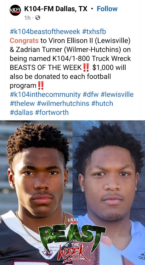 Wilmer-Hutchins LB/RB Zadrian Turner is K104fm Truck Wreck Beast of the Week. Congratulations 🤫
<a href="/Barnett94Brian/">Coach Brian Barnett</a> 
<a href="/dallasathletics/">Dallas ISD Athletics</a> 
<a href="/dallasschools/">Dallas ISD</a> 
<a href="/Whhseaglenation/">WilmerHutchinSports</a> 
<a href="/Jarvis2Turner/">JT</a> 
<a href="/Cantstrap5/">Amos Rattler Jr</a> 
<a href="/ReggieReddick75/">Reginald Reddick</a> 
<a href="/RonMurrayJr/">Ron Murray</a> 
<a href="/maxielpastor/">Maxie Johnson</a> 
<a href="/KCEaglesAC/">Coach Johnson AC Raul Quintanilla MS</a> 
<a href="/coachurbina6572/">CoachUrbina</a>