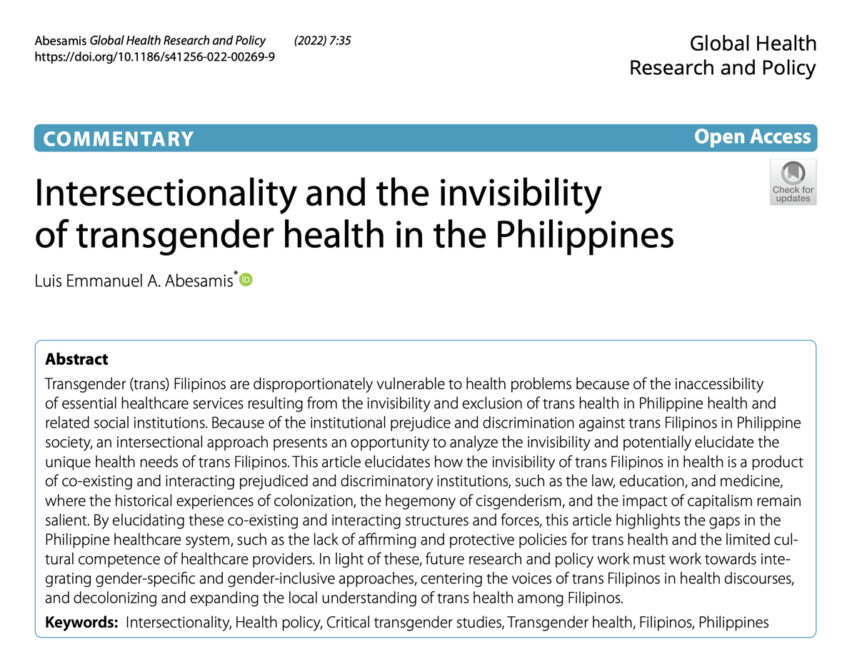 abesamisla's tweet photo. #TransHealthPHStudy
In this newly-published article in Global Health Research and Policy, I briefly shed light on some salient structures and institutions that influence transgender health among Filipinos.
Access the full text here: https://t.co/jPcB87B0jh https://t.co/g6LW2QPJwi