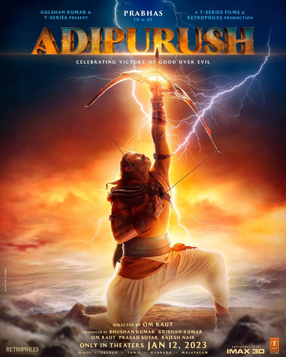#Adipurush Poster Out Now & #AdipurushTeaser arrives on 2nd October [Sun] at 7:11 PM!

Starring: #Prabhas, #SaifAliKhan, #KritiSanon & #SunnySingh. 

Directed by #OmRaut.

Produced by #BhushanKumar, #KrishanKumar, #OmRaut, #PrasadSutar & #RajeshNair.

#PrimeVerse