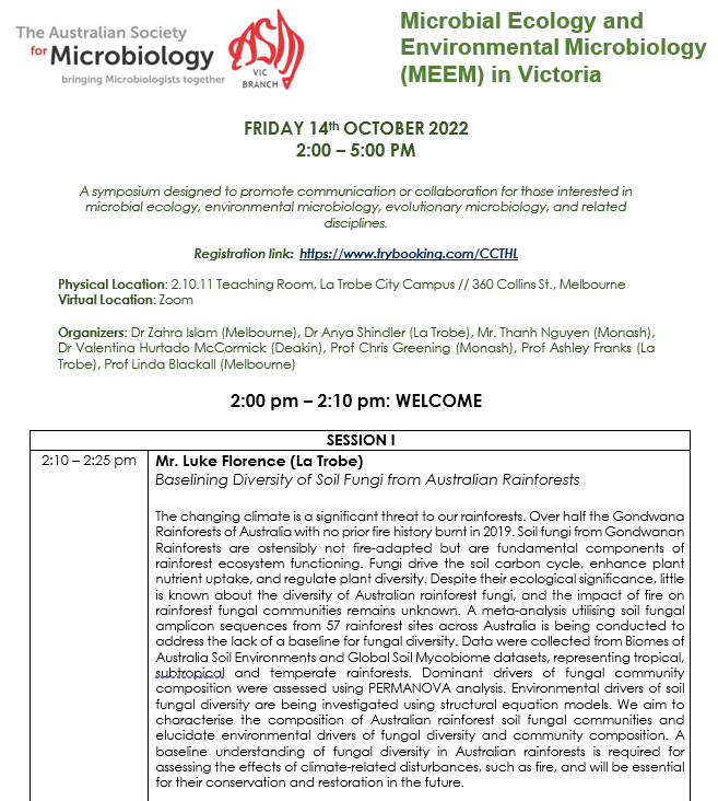 Zahra_F_Islam's tweet photo. Just two weeks to go til #MEEM2022, Oct edition! In light of this, we're ecstatic to share the abstracts of our fabulous speakers! Do join us in person or online for a great afternoon of #microecol! Rego: https://t.co/vxUgxRhSUp. Sponsored by @ASM_VicBranch! @VictoriaMEEM https://t.co/kk6npYIgje