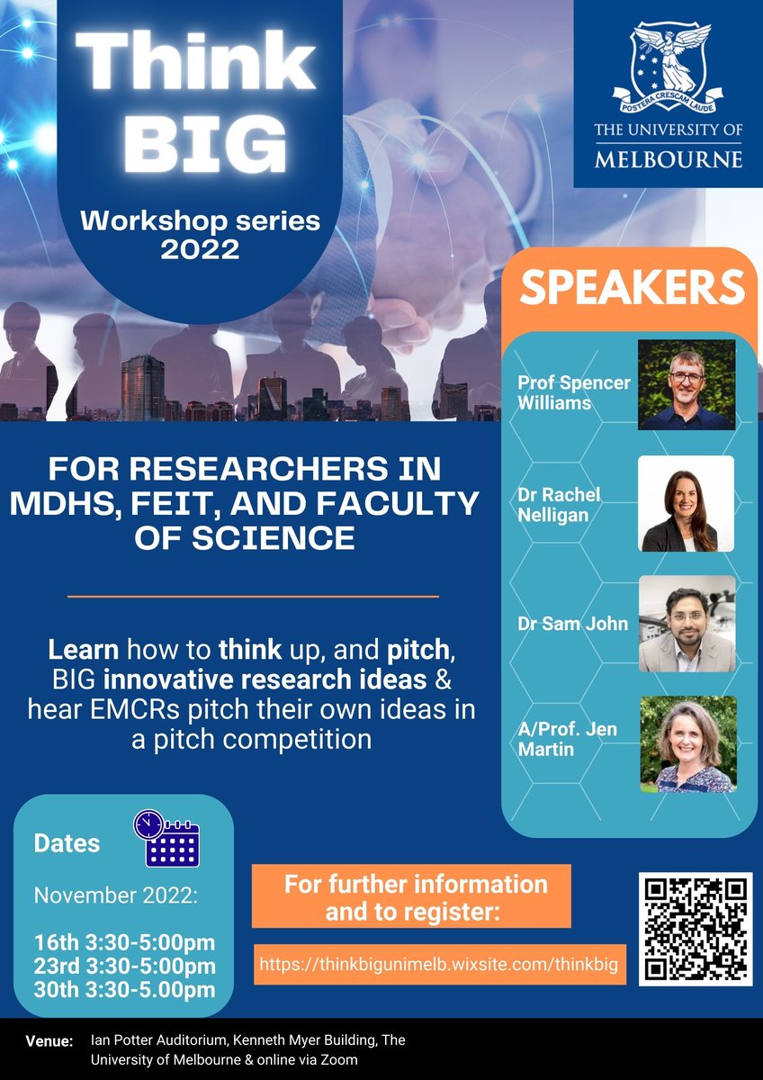 Join us at @unimelbs ThinkBIG workshops. Learn how to think up and pitch BIG #impactful #research ideas from #experts! Excellent opportunity for PhD students @UniMelbMDHS <a href="/mdhs_ecr/">MDHS ECA Network</a> <a href="/EcanFeit/">ECAN FEIT</a> <a href="/UniMelb_SECAN/">UniMelb_SECAN</a> @SciMelb
<a href="/UniMelbscicomm/">UniMelb SciComm</a>
Registration: thinkbigunimelb.wixsite.com/thinkbig