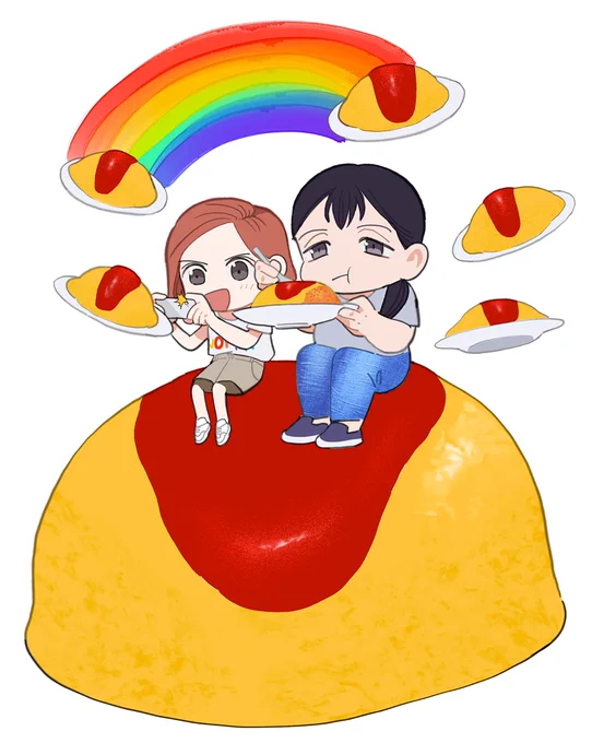 コミックス3巻発売決定を記念して今まで掲載したカラーイラストを再掲載こちらはオムライスに囲まれたいおふたりです 