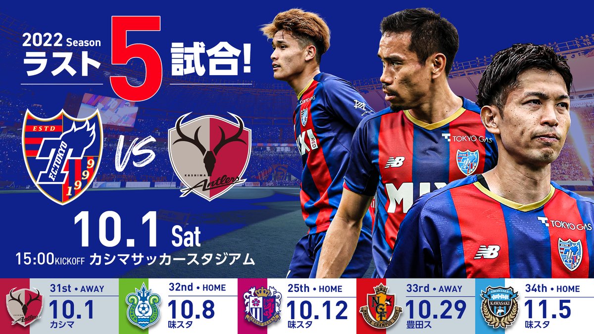 fctokyoofficial's tweet photo. 🔵🔴
#MATCHINFORMATION #TokyoKashima 

🗓️10月1日(土)
⏰15:00キックオフ
🆚#鹿島アントラーズ 
🏟️#カシマサッカースタジアム 

2022シーズンもラスト5試合!!✊✊✊🔵🔴
再開初戦、アウェイで勝利を掴む!!🔥🔥🔥

#fctokyo #tokyo https://t.co/hA2PMEZwJ0