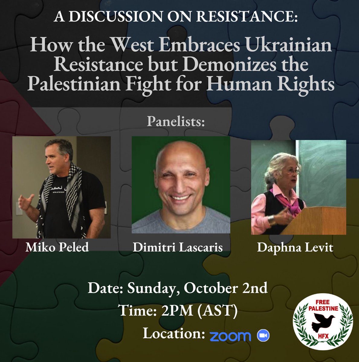 Join us this Sunday at 2PM (AST) for a webinar on 'How the West Embraces Ukrainian Resistance but Demonizes the Palestinian Fight for Human Rights.'

The panel will include: Miko Peled, Dimitri Lascaris &amp; Daphna Levit.

<a href="/mikopeled/">Miko Peled</a> <a href="/dimitrilascaris/">Dimitri Lascaris</a> <a href="/JennyDaphna/">Daphna Levit</a> 

#Palestine