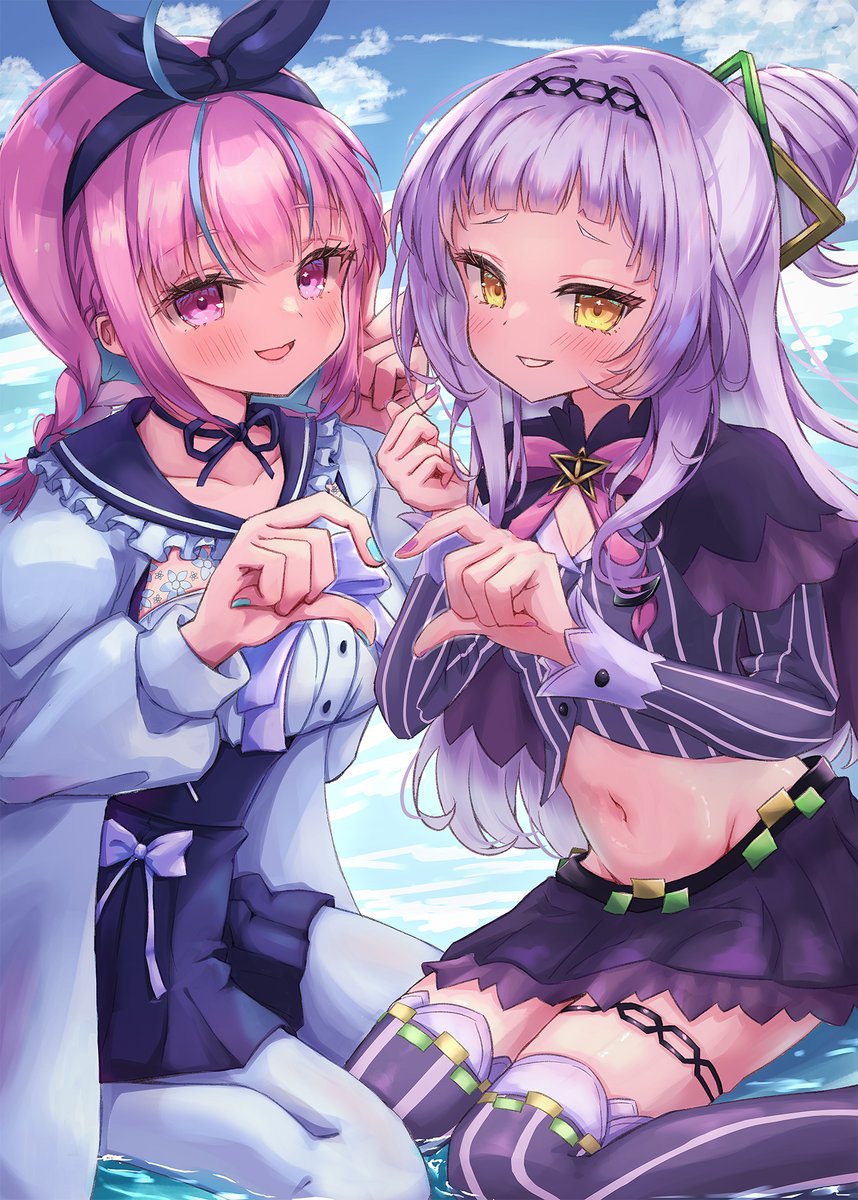 湊あくあ ,紫咲シオン 「今月もいっぱい描いたー!えらいぞー!#今月描いた絵を晒そう 」|みはえる🐍✨のイラスト