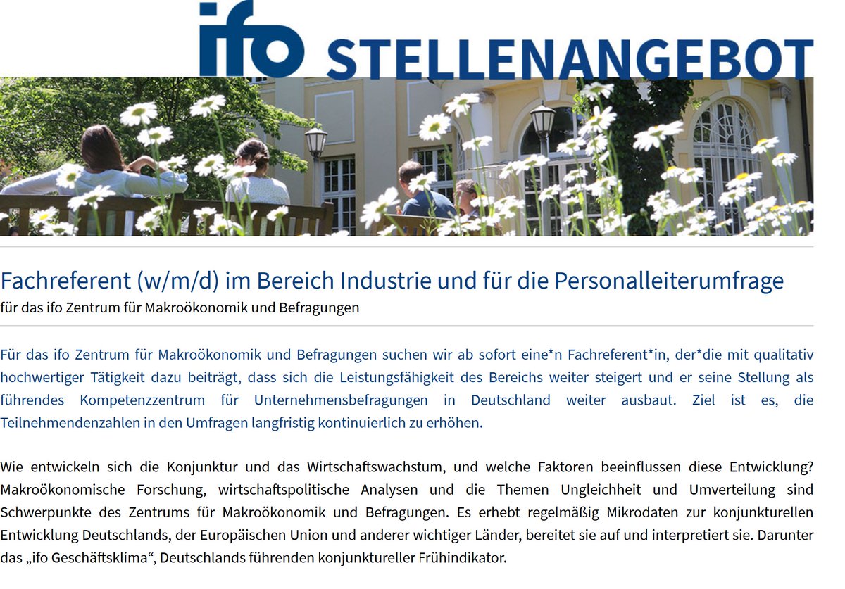 APeichl's tweet photo. Pls RT: #Stellenanzeige
Fachreferent (w/m/d) im Bereich Industrie und für die Personalleiterumfrage in meinem Bereich
Mitarbeit an der Befragung zum @ifo_Institut #Geschäftsklimaindex sowie der HR Befragung zu spannenden und aktuellen Themen
https://t.co/beaUzvJPfg https://t.co/vaXq4c77Tz