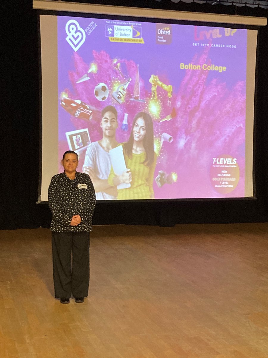 Thanks Andrea @BoltonCollege for presenting Post 16 Options for our Year 11 students today in assembly. A great insight into all the subject areas and routes available at Bolton College #Vocational #TLevels #Apprenticeships #ESOL #FoundationLearning