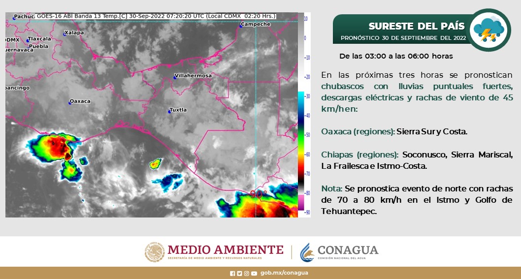 #Pronóstico de #Chubascos y #Lluvias fuertes y en zonas del sureste de #México. Atención #Oaxaca