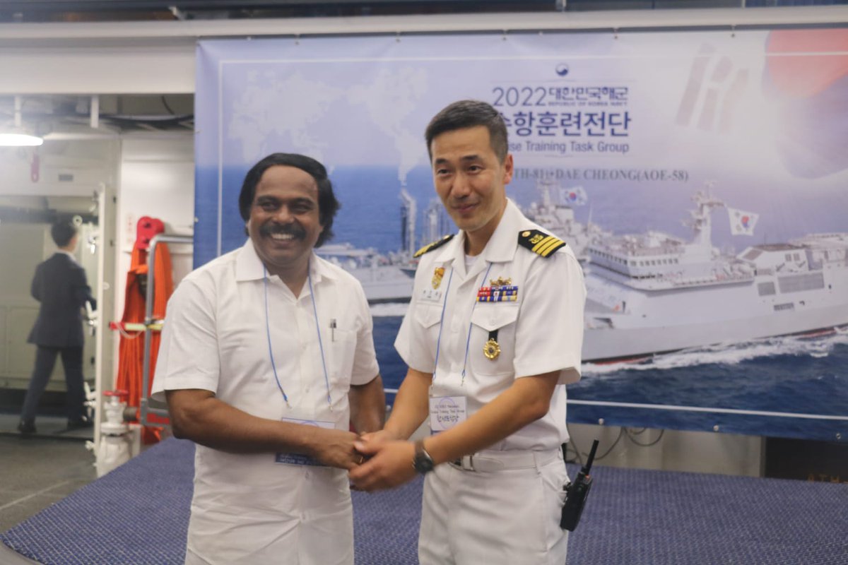 officeofMTR's tweet photo. Honourable IT &amp; DS Minister Thiru. T. @Manothangaraj today attended an event hosted by His Excellency Thiru Chang Jae-Bok, Ambassador of the Republic of Korea at Chennai Port. The event marked the welcoming reception for the Korean Navy Cruise Task Force. https://t.co/x9SGu1btek