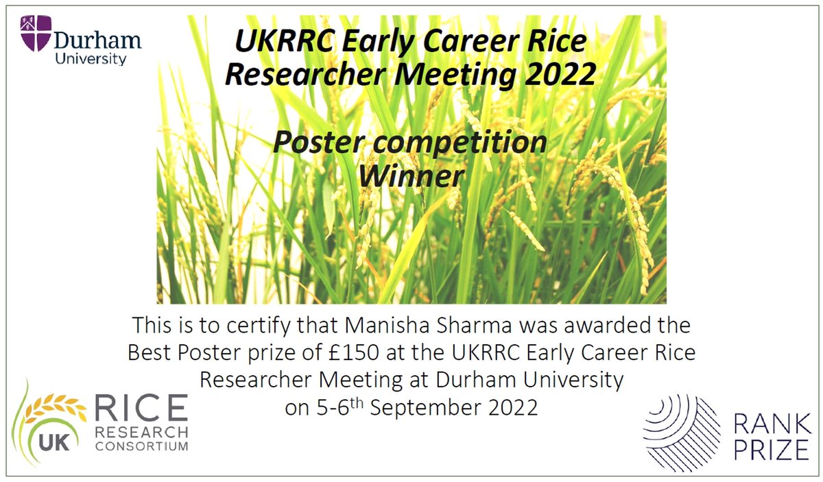 ManishaPmb's tweet photo. Enjoyed visiting Durham to attend the #UKRRC Early Career rice research meeting organized by Ari Sadanandom's lab highlighting the progress in Rice research across the UK.Thank you to everyone who graded my Poster for this Award. #NIAB
#Riceresearch #Plantscience #Plantpostdocs https://t.co/bFWTPuLk3I