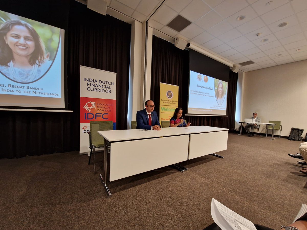 IndinNederlands's tweet photo. Amb @reenat_sandhu gave a keynote address at 10th India Symposium organized by India Dutch Financial Corridor IDFC & Institute of Chartered Accountants of India ICAI on 75 years of 🇮🇳🇳🇱 relations & role of Infrastructure as a catalyst for economic growth.
@AmritMahotsav @DoC_GoI https://t.co/cJ0Tqi34fr