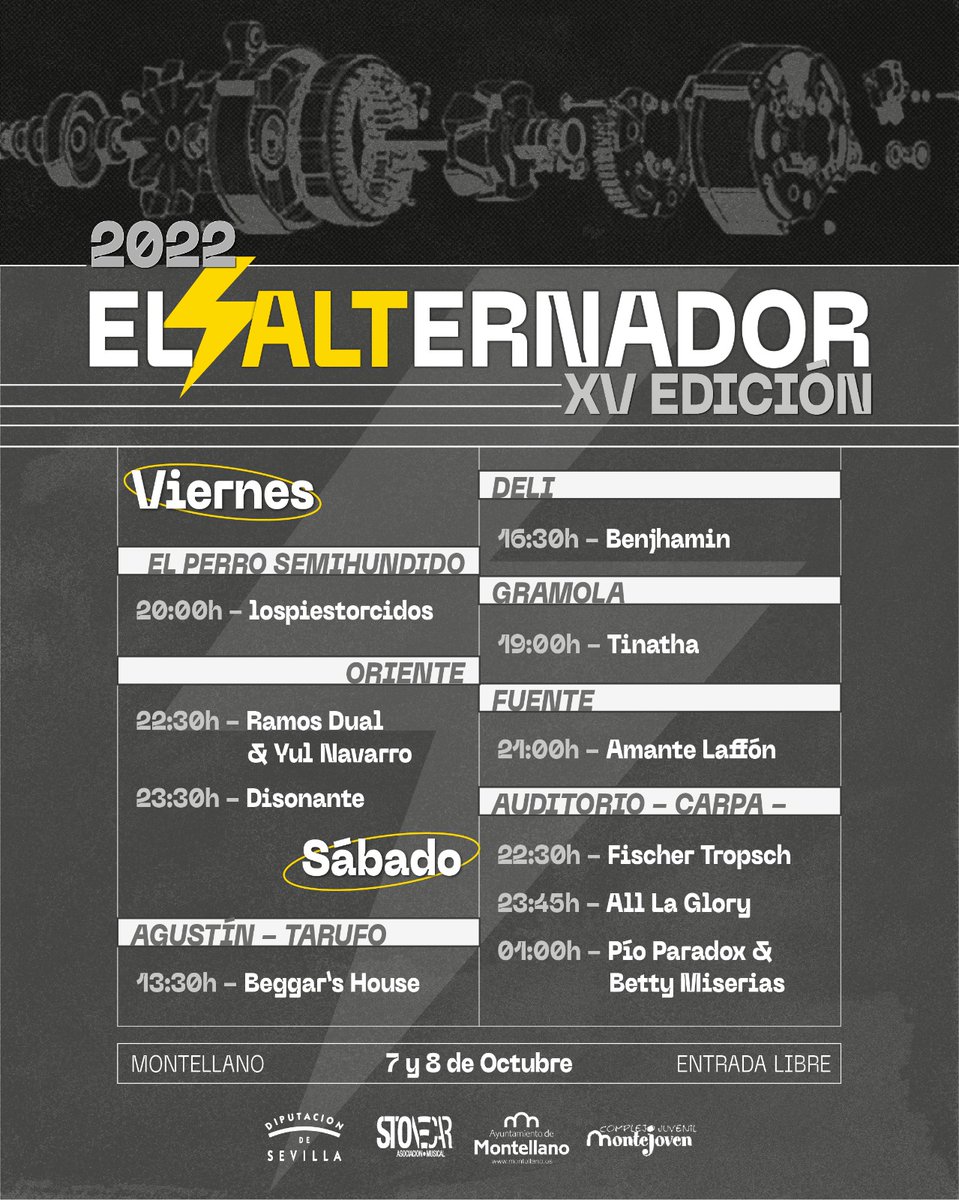 AlternadorFest's tweet photo. ⚡️XV Festival El Alternador | Montellano (Sevilla) | 7 y 8 de octubre 2022 | #alt2022fest #alternadormontellano | Varias localizaciones | Entrada libre | +info https://t.co/YdR5d8z87M | #montellano #elalternador #laotracorriente #música #cultura #sevillaprovincia #provinciasvq https://t.co/M5e1wC7no7