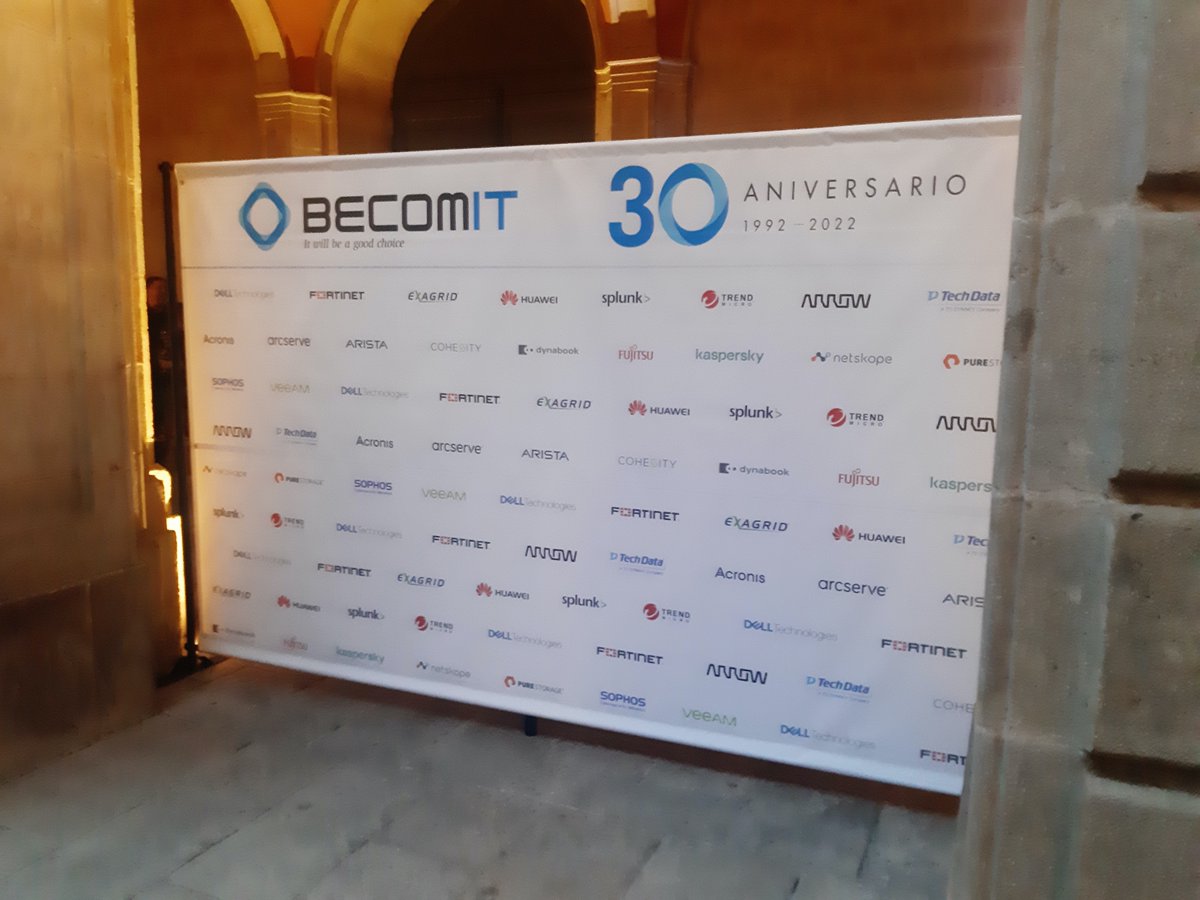 BecomitSpain's tweet photo. Gracias a nuestros patrocinadores por apoyarnos en nuestro 30 Aniversario @DellSpain @Fortinet @ExaGrid @HuaweiSpain @splunk @Acronis @Arcserve #Arista @Cohesity @DynabookES @Fujitsu_ES @KasperskyES #netscope @PureStorageES @SophosIberia @Veeam_Es @ArrowECSSpain @techdata_es https://t.co/vISeCdK8sP