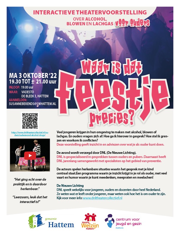 In de #weekvandeopvoeding ook aandacht voor het opvoeden van pubers. Hoe voer je het gesprek over alcohol en drugs, zodat er ook wat blijft hangen? Kom maandag 3 oktober naar de theatervoorstelling. Aanmelden kan nog! Voor meer info, zie de flyer. #hattem