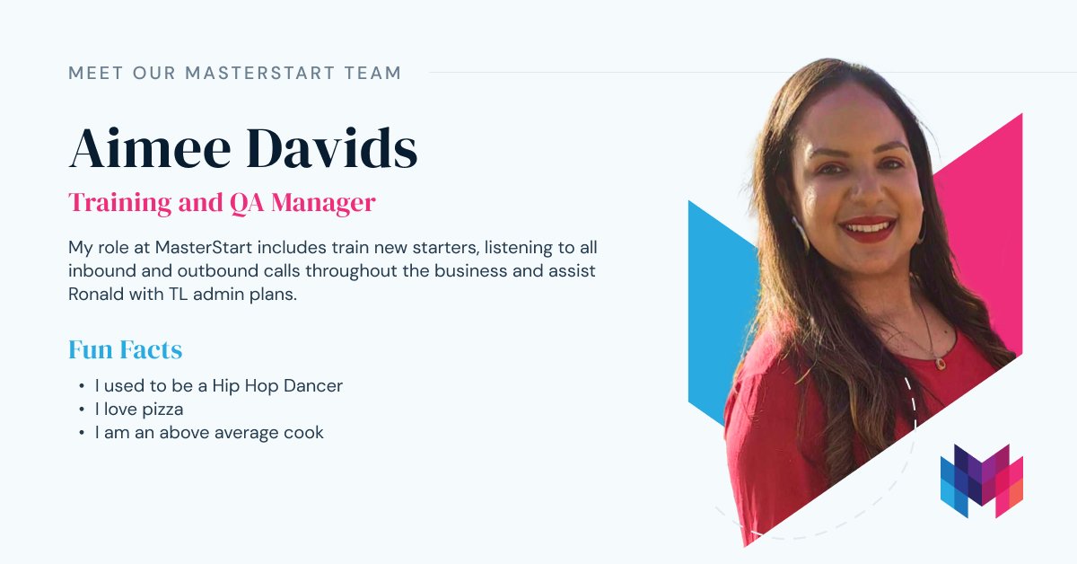 MasterStartEdu's tweet photo. #MeetOurTeam 📢 Get to know Aimee Davids! A lover of rules and fun, our Training and QA Manager, Aimee loves celebrating the moments when one of her new starters gets their first learners enrolled on courses 🎓 #masterstart #masterstars #meetourteam https://t.co/M9xa2wMl4L