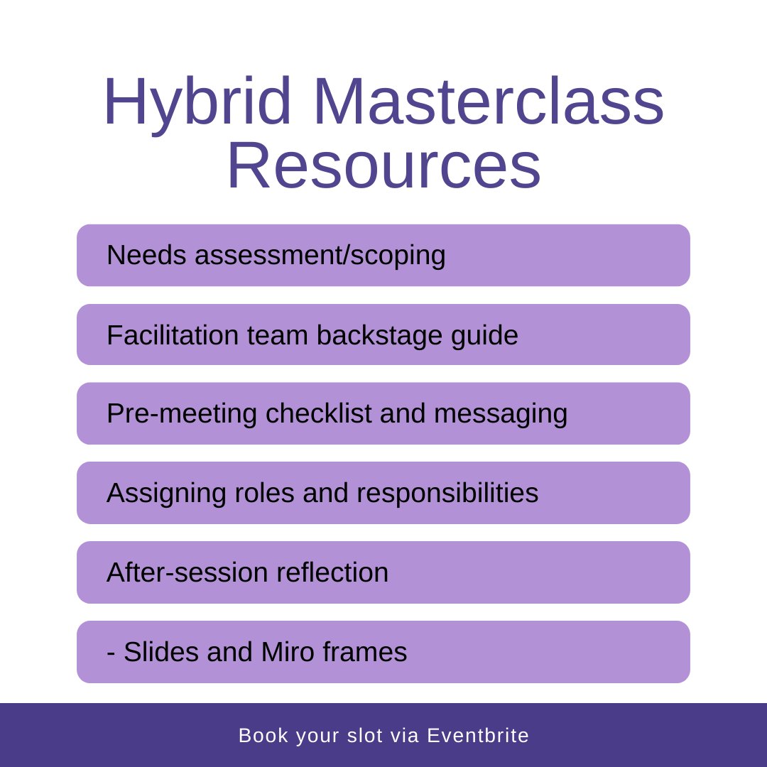 Our Hybrid Masterclass will help you feel confident and perhaps even excited - to dive into the complexity of hybrid meetings and make great things happen!

As part of the sessions we provide you with resources and tools to make the most of your meetings - here are some of them👇🏼