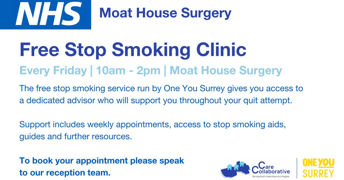 oneyousurrey's tweet photo. We have exciting news! 😀

A weekly Stop Smoking clinic will take place every Friday at @MoatSurgery in Merstham, offering 1-2-1 stop smoking sessions.

To find out more about how we can support you, visit 👉 https://t.co/hp0ePtnbNE https://t.co/7b7IBeOCy5