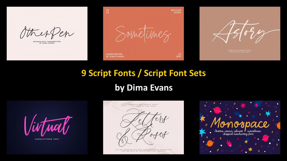 DavidZydd's tweet photo. 9 Script Fonts / Script Font Sets by Dima Evans https://t.co/Q9hUiTJqOW #BestScriptFonts #script #bestdeal #script #BestScriptFonts #script #party #ScriptFonts #FontDesign #quick #FontDesign https://t.co/vmY21qA9Co