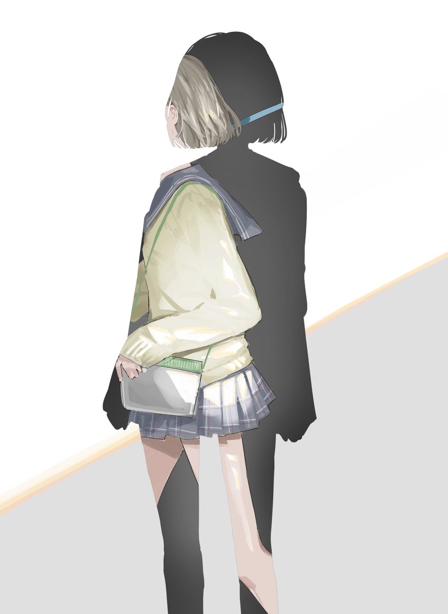 1girl skirt short hair solo school uniform long sleeves shadow  illustration images