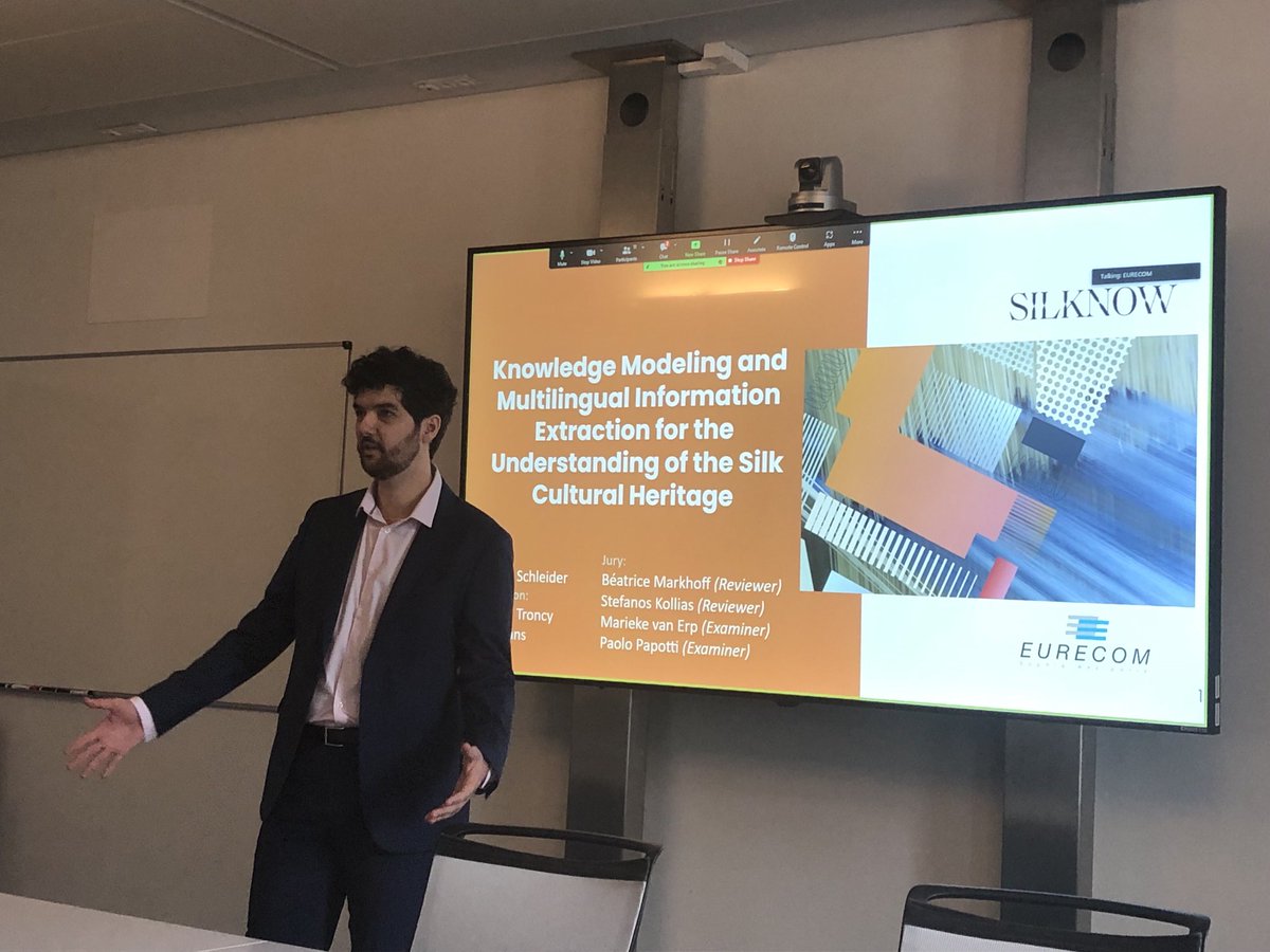 rtroncy's tweet photo. Knowledge Modeling and Multilingual Information Extraction for the Understanding of the Silk Cultural Heritage, Thomas Schleider is now defending his #PhD made within @silknow_eu @EURECOM https://t.co/6NR8lqlbEc