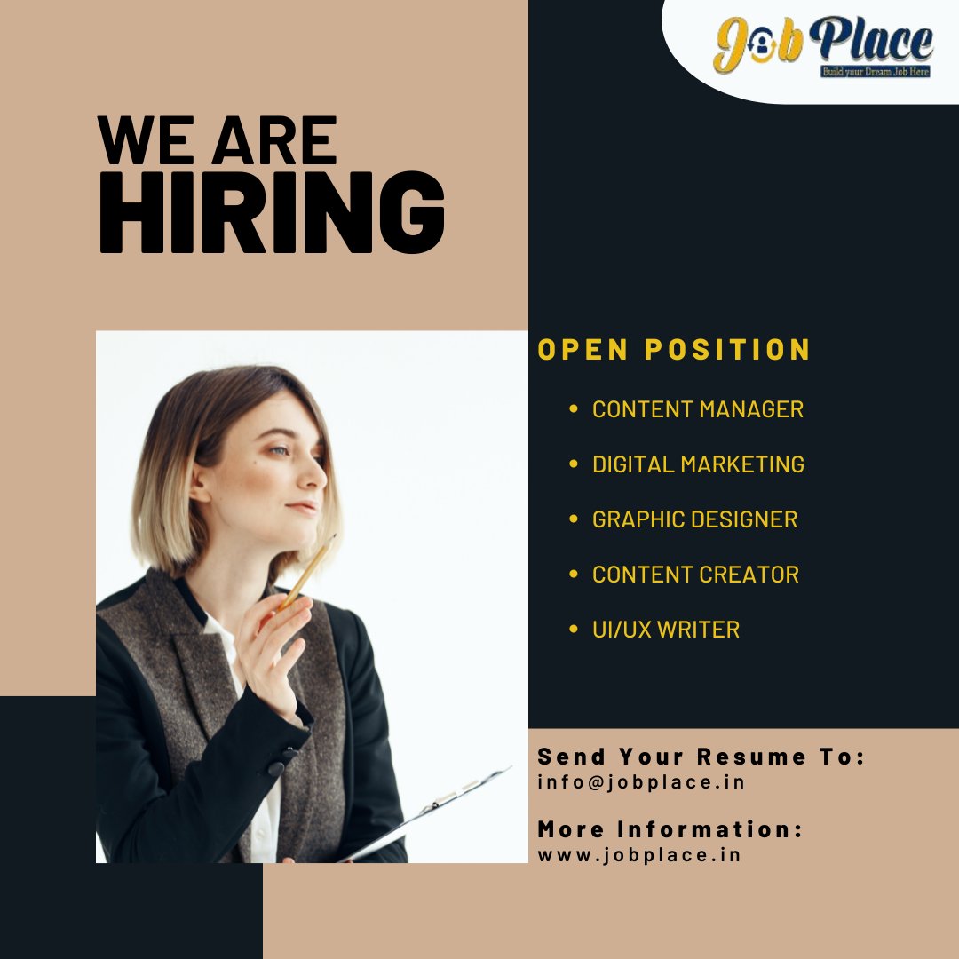 WE ARE HIRING 
> Content Manager
> Digital Marketing
> Graphic Designer
> Content Creator
> UI/UX Writer
Apply Now :- jobplace.in
Send Your CV :- info@jobplace.in 
#new #update #latest_job #resume #opportunity #hiring #job_seeker #recruitment #vacancy