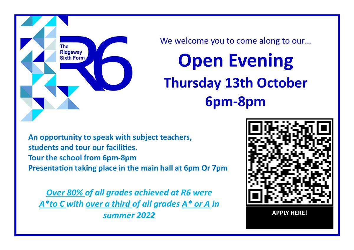 SchoolRidgeway's tweet photo. R6 Open Evening...
Thursday 13th October 2022.
Online applications now open... https://t.co/FlfYjLx49k